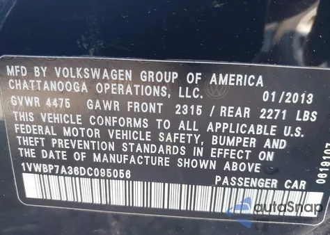 2013 Volkswagen Passat 2.5L Se z USA, uszkodzony, nr VIN 1VWBP7A36DC095056